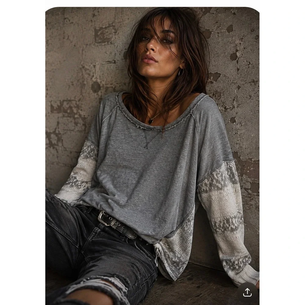Free People Beautiful Sinner Sweatshirt Sweater Gray Ivory Alpaca Blend Small
